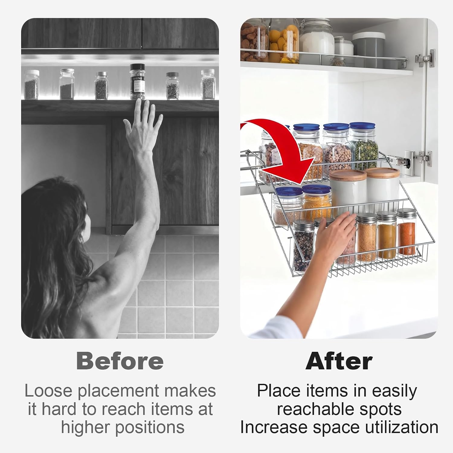 3-Tier Pull Down Spice Rack Organizer, Drop Down Spice Bottles Rack Shelf, Inside Cabinets Step Storage Holder for Cabinet/Pantry, Easy Reach for Upper Kitchen Cabinet (Silver)