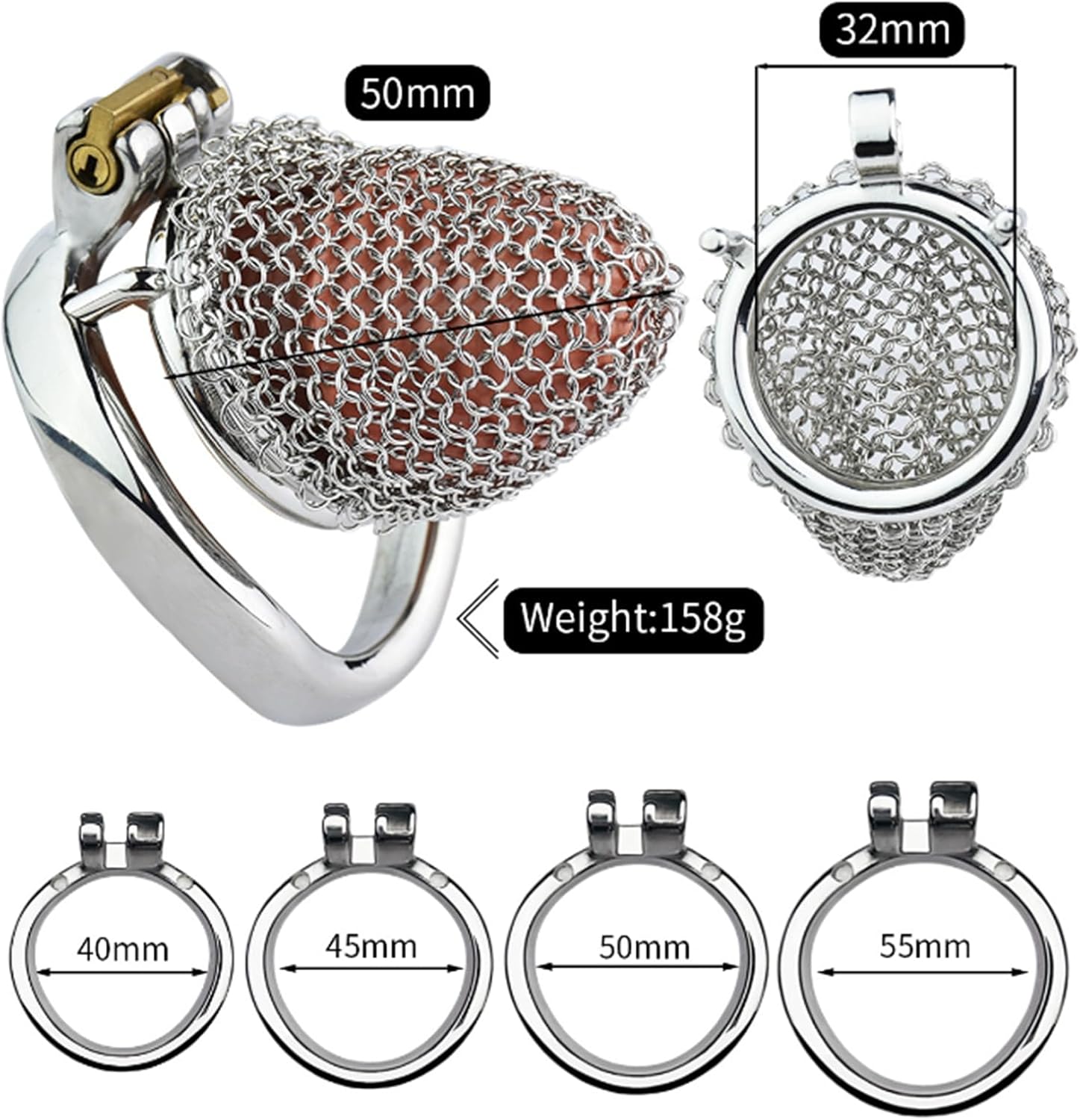 Stainless Steel Mesh Penis Cage Chastity Belt Chastity Cage Chain Chastity Cage Men Cock Cage,Male Couples Slaves Penis Bondage SM Sex Toys (S-Curved Ring, 45MM)