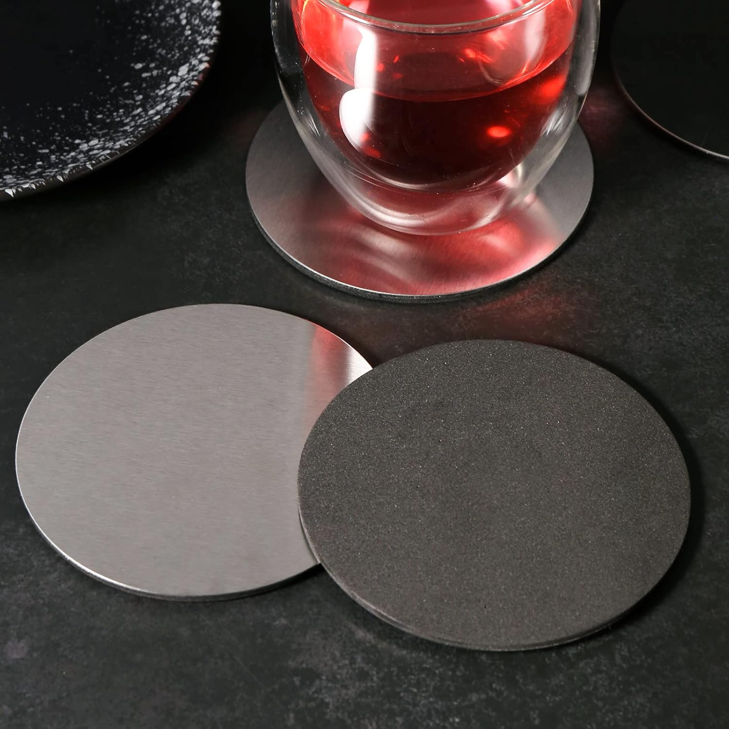 Cup Coasters, Newness Cup Coasters Set with Decorative Rack, Stainless Steel Tabletop Display Round Cup Coaster with Holder, Silver, Set of 4 - Image 3