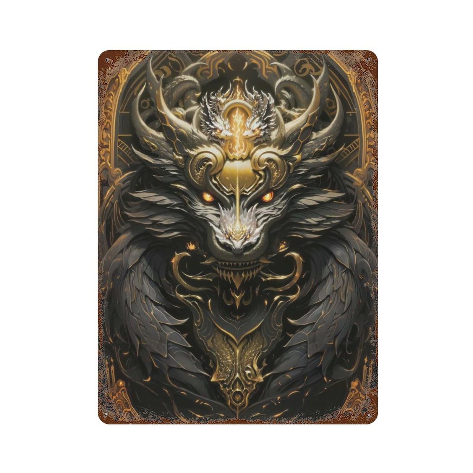 Rust Effect Golden Infernal Dragon Sovereign Rusty Metal Tin Sign 15.7"x11.8", Industrial Home Decor for Living Room, Hallway And Home Decor