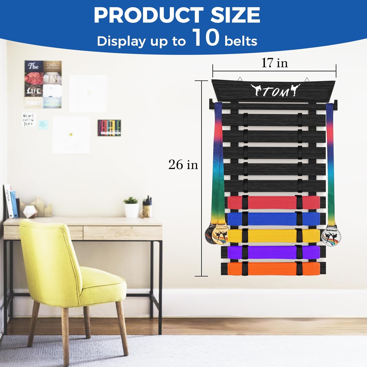 Karate Belt Display Rack with Stickers, 10/12 Martial Arts Belt Display Holder, Taekwondo Belt Jiu Jitsu Belt BJJ Belt Display Hanging Holder for Adults, No Assembly Required