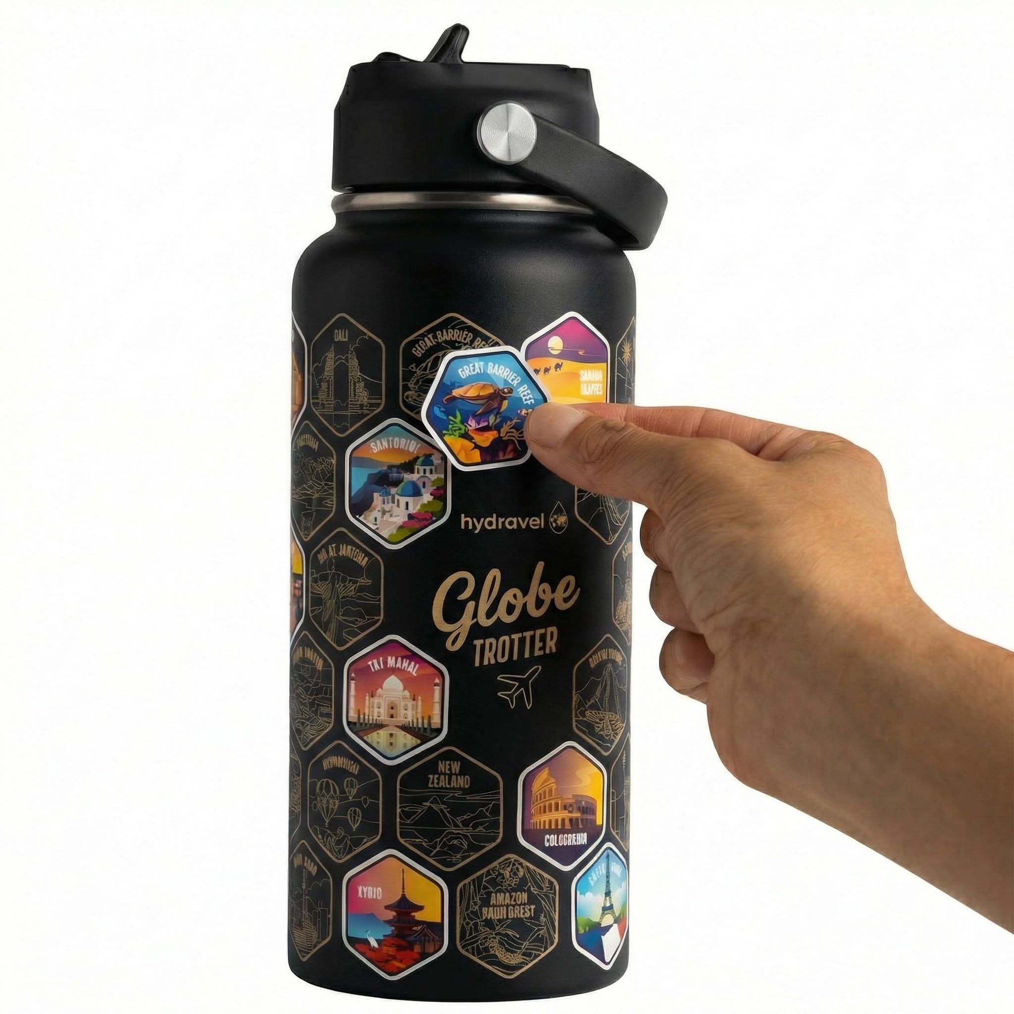 HYDRAVEL - Borraccia Termica GLOBE TROTTER con 50 Adesivi dei Posti più BELLI del Mondo - Ottima Idea Regalo per Viaggiatori - 1 LT, Acciaio Inox, bevande Calde per 12h/Fredde 24h (Nero) - 3
