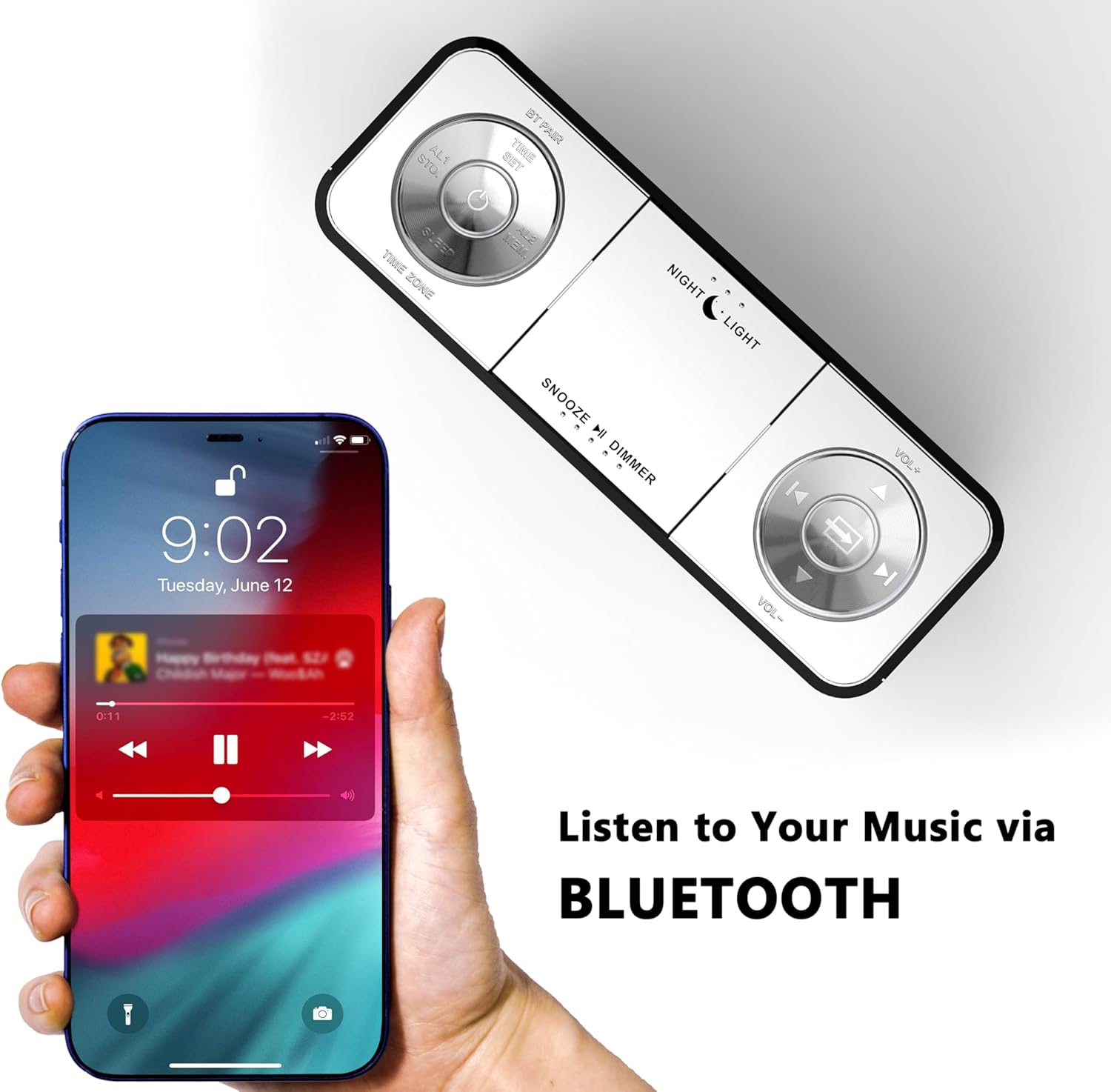 iTOMA CKS507 Clock Radio with a smartphone connected via USB cable for charging.