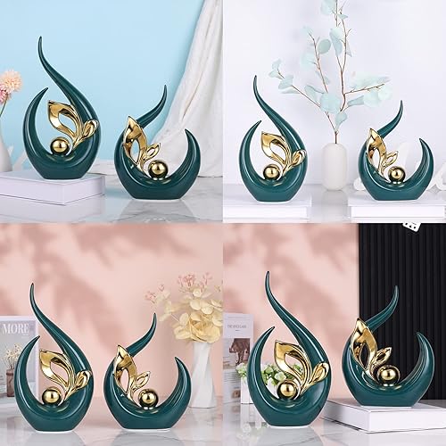 Miniatura 6 de DOVDOV Juego de 2 estatuas decorativas de cerámica verde para oficina, decoración de mesa de comedor, decoración moderna verde del hogar para sala