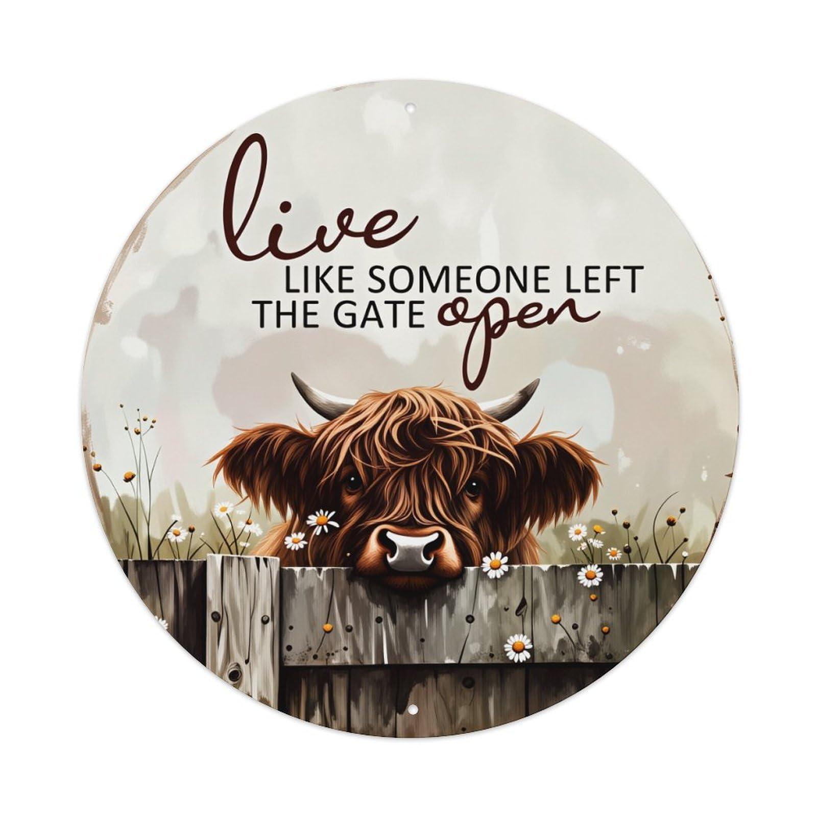 Cow Behind Fence With Flowers Round Tin Sign Vintage Metal Poster Retro Bar, Home, Man Cave, Kitchen, Laundry Room Wall Art Decor Gift 8x8Inch