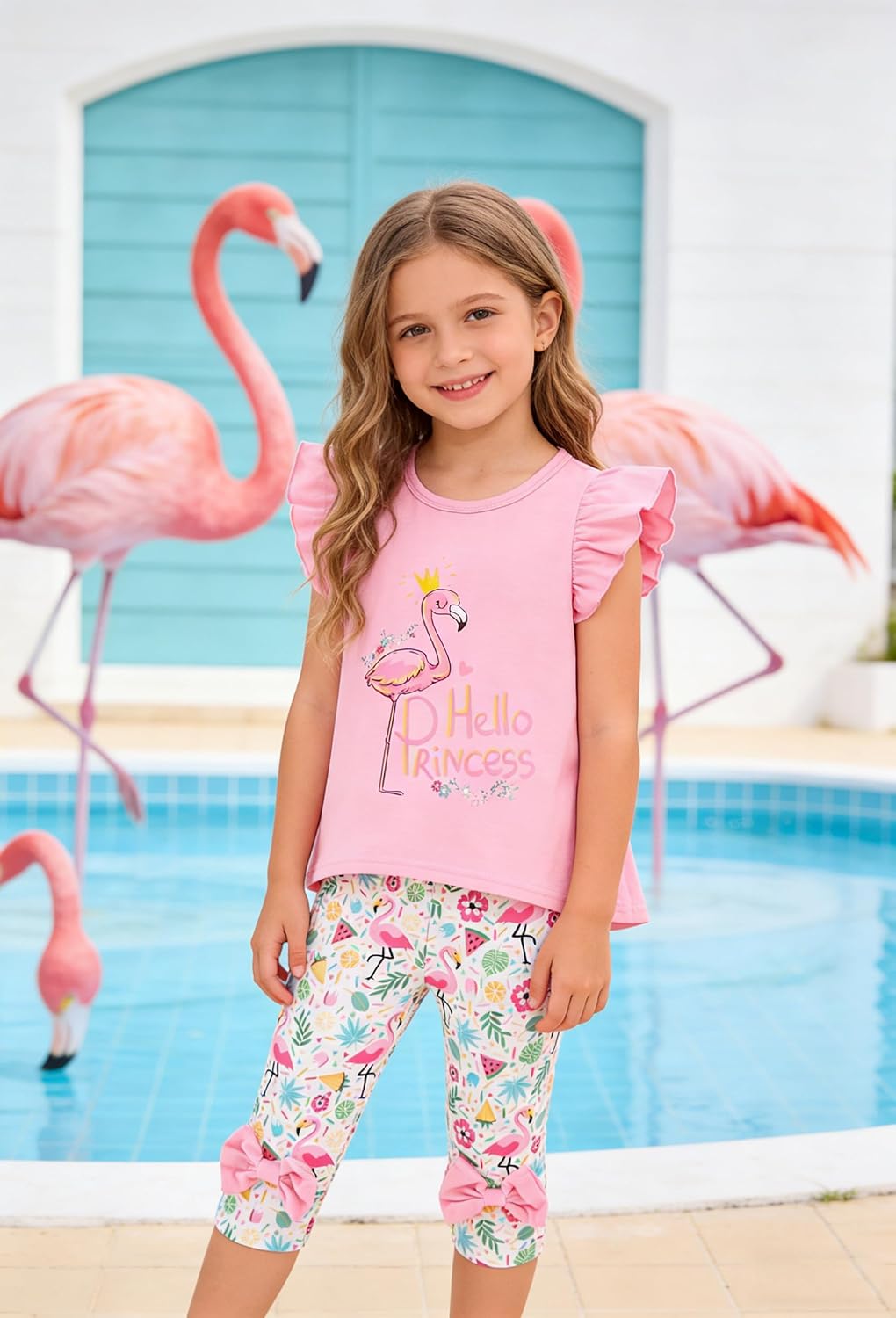 Popshion Little Girls 2 Piece Summer Outfits Flutter Sleeve T-Shirt and Cropped Capri Leggings Kids Clothes Short Sets 2-8t image 2