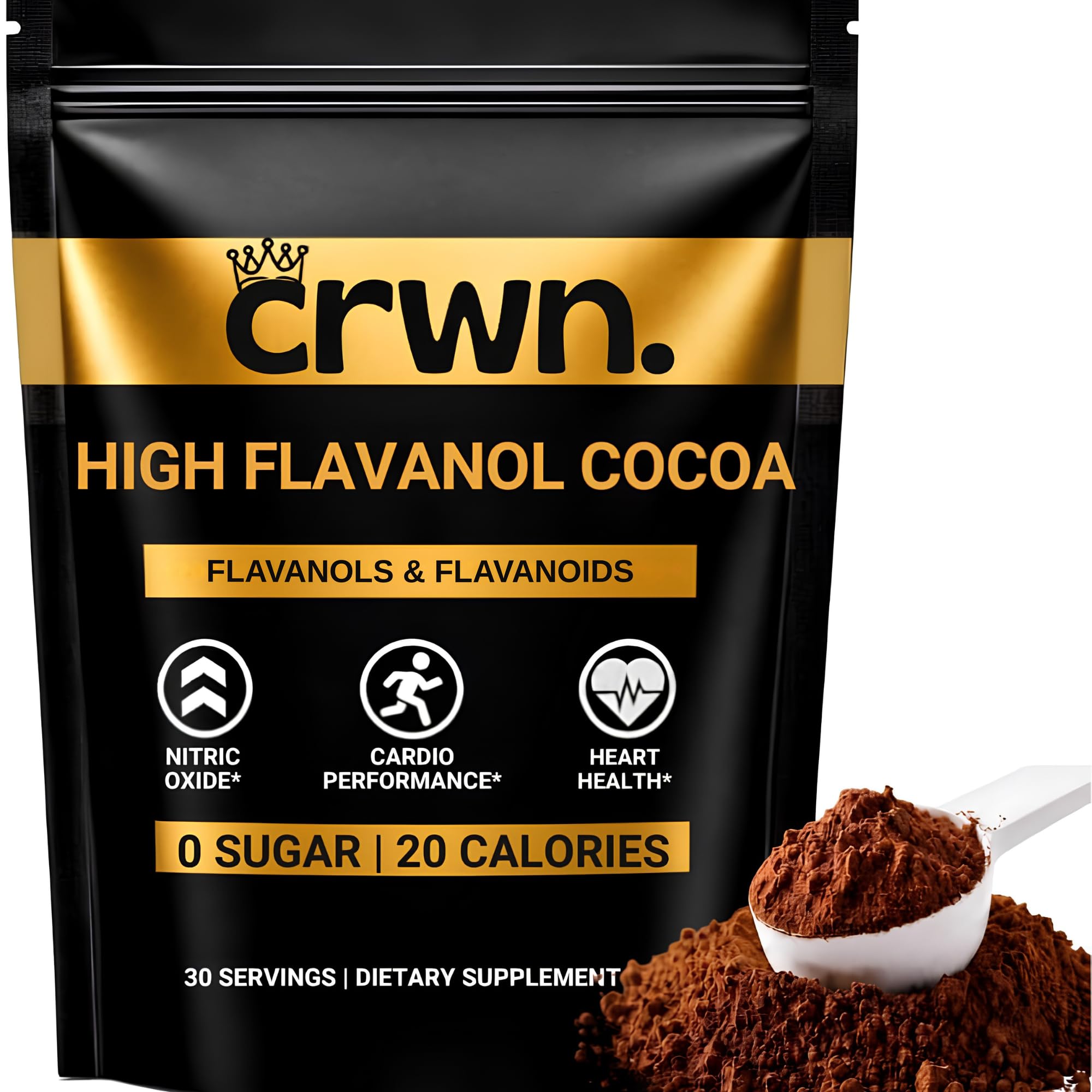 CRWN HEALTH Suplemento em pó de cacau com flavanóis, flavonoides e epicatequina 1.200 mg + 600 mg, 30 porções