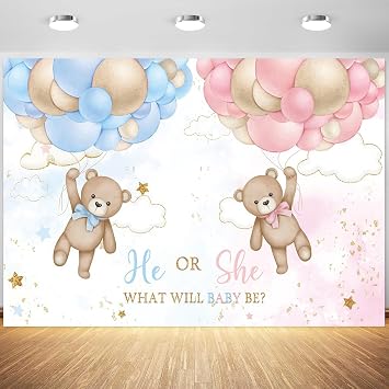 10x8ft Bear Gender Reveal Backdrop Baby Boy or Girl Pink or Blue Balloons Photography Background What Will Baby Be Banner Decorations Party Supplies Photo Booth Props