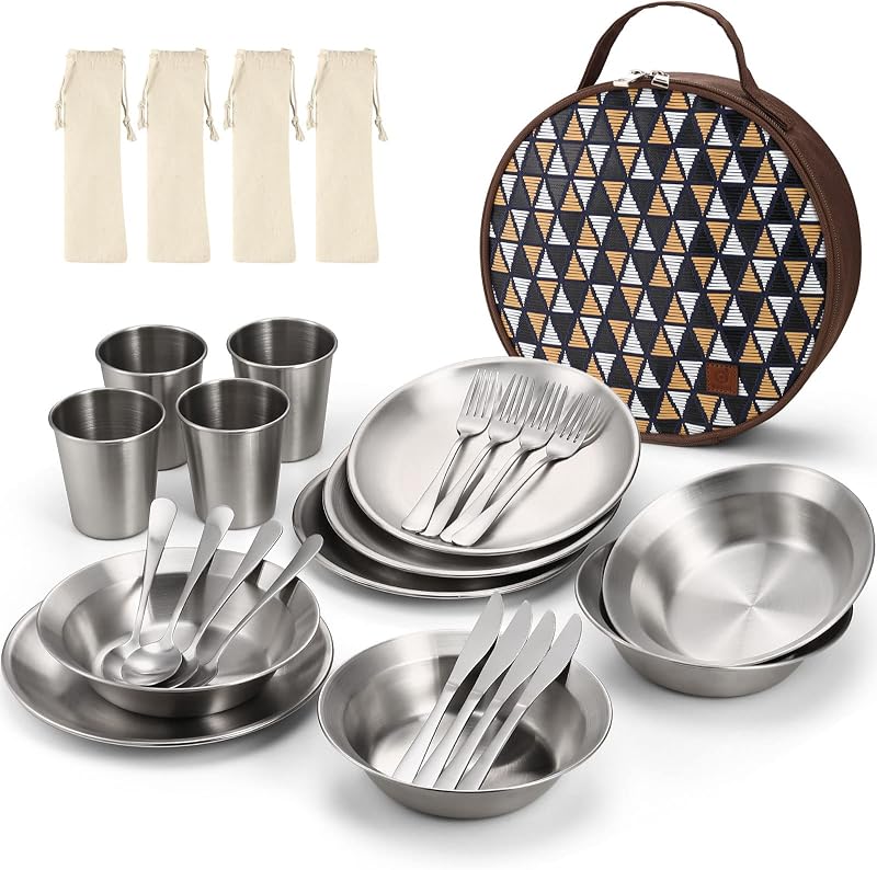 Stainless Steel Camping Mess Kit for Family & Person | Cooking Tableware Utensils with Plates Bowls Forks Spoons Knives & Savings Bag for Camping, Backpacking, Hiking, Picnic