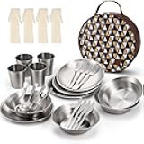 Stainless Steel Camping Mess Kit for Family & Person, Cooking Tableware Utensils with Plates Bowls Forks Spoons Knives & Savings Bag for Camping, Backpacking, Hiking, Picnic