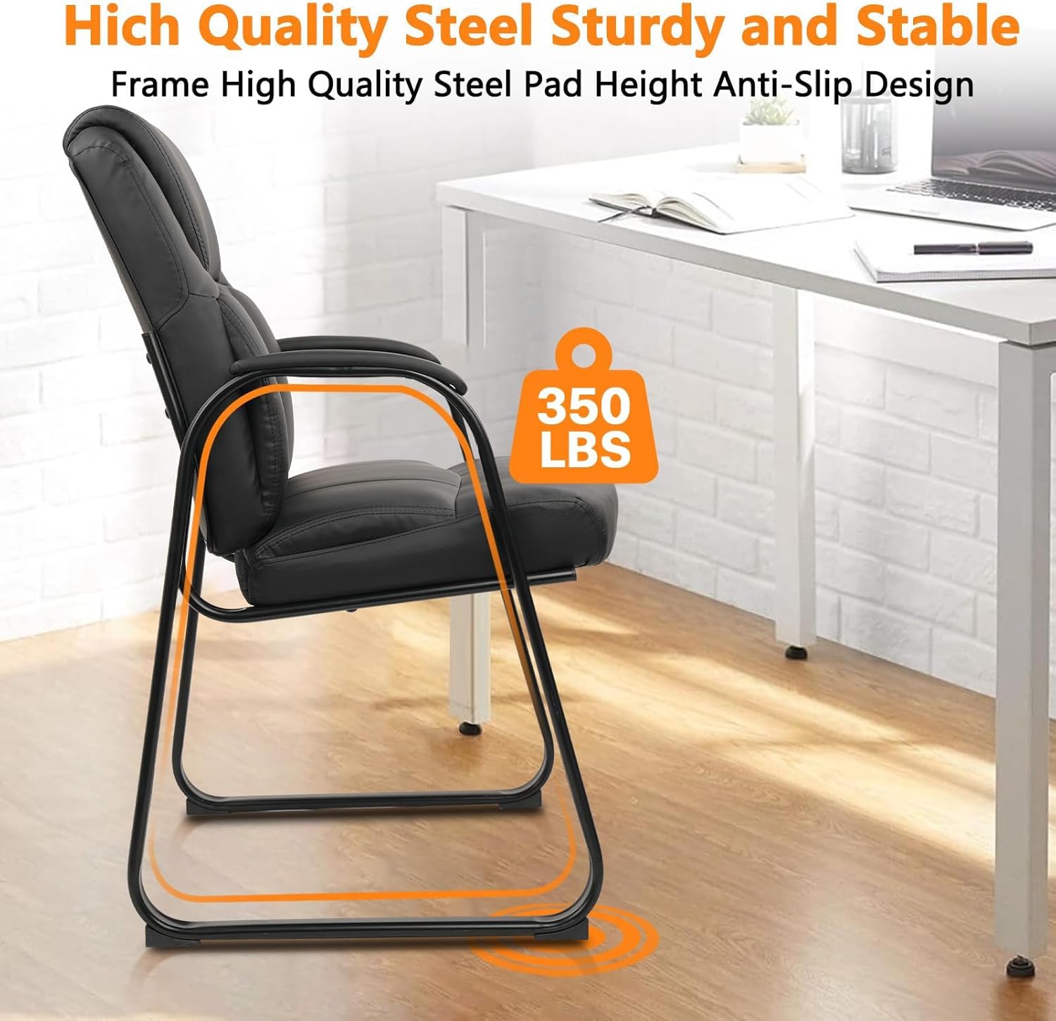 CLATINA Waiting Reception Chair No Wheels Sets of 2, Leather Guest Chair with Padded Armrests, Modern Office Desk Chairs with Sled Base for Office Meeting Conference Room Lobby Home Living Room, Black