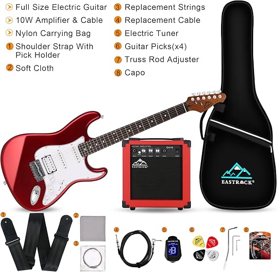 Eastrock 39 inch Full-Size Electric Guitar Kit for Junior Beginners, Starter Electric Guitar with 10w Amplifier Bag Capo Shoulder Strap String (Metallic Red, 39 Right Handed)