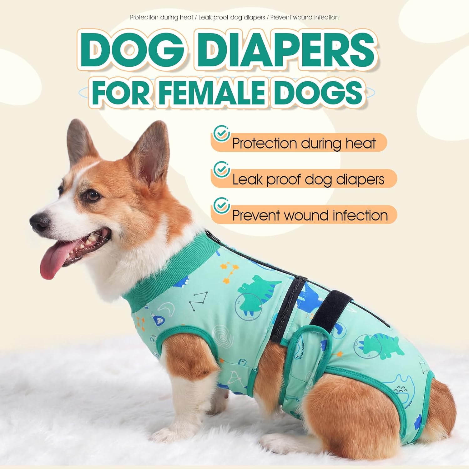 QBLEEV Dog Diapers with Suspenders, Escape Proof Full Body Dog Onesie for Male Female Dogs, Reusable Washable Period Pants for Heat Cycle & Incontinence, Adjustable Pet Panties with Tail Hole Stay On