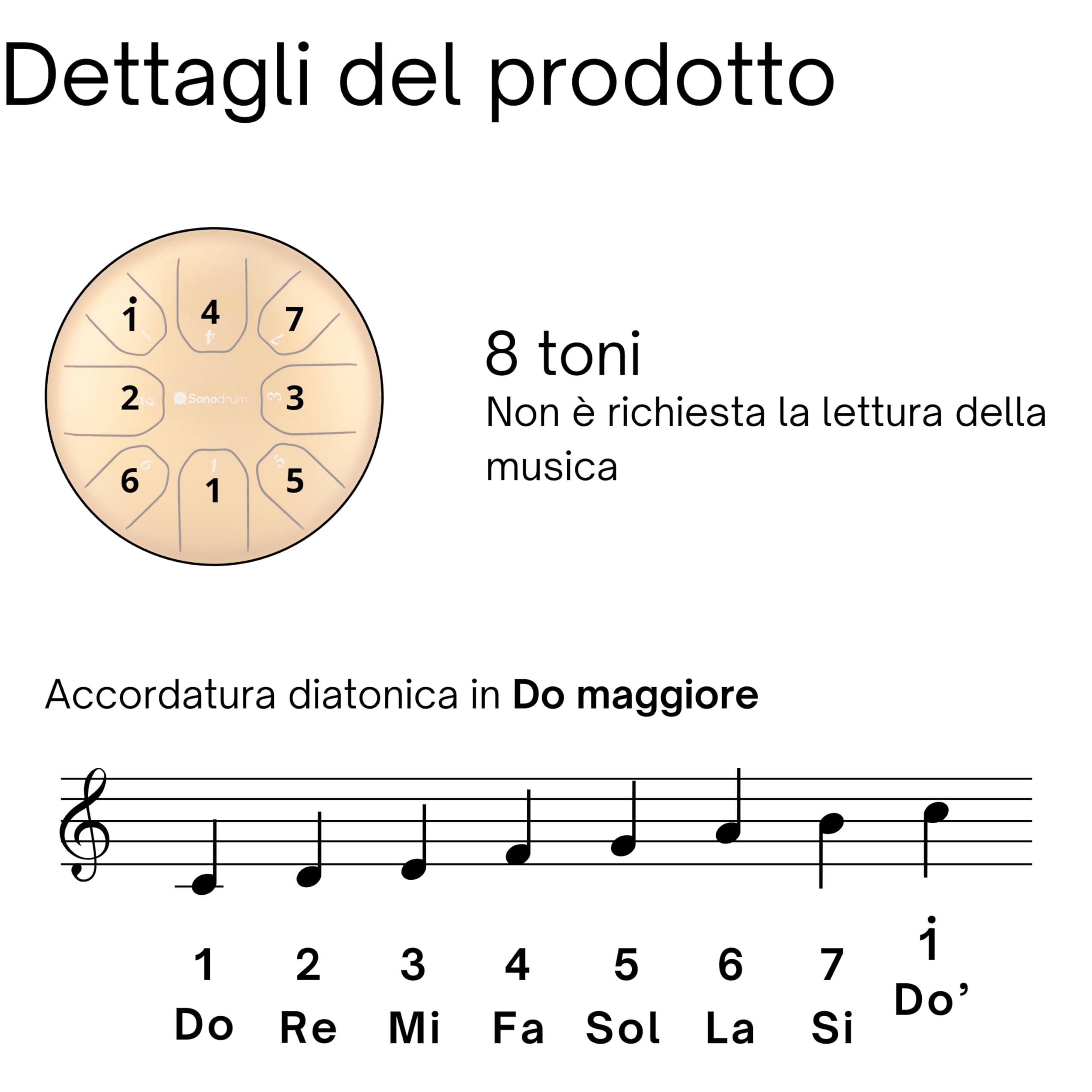 tamburo a lingua d'acciaio 'Standard' in Do Maggiore, oro - 14 cm con 8 note - steel tongue drum con canzoniere, mazzuoli, fingersticks e borsa da trasporto. Senza leggere le note.
