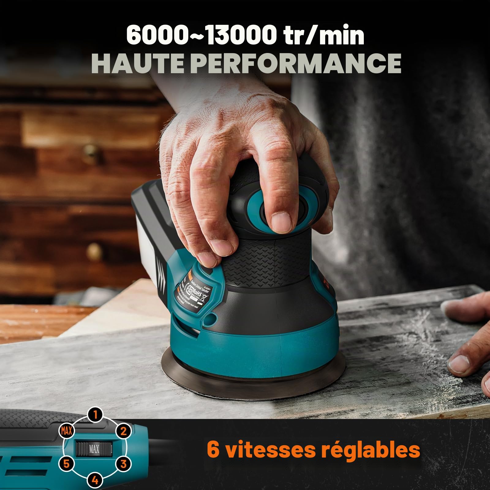 DOVAMAN ROS01A Ponceuse Orbitale, 350W Ponceuse Excentrique, 6 Vitesses, 13000 tr/min, Papier Abrasif 12 Pièces, Patin de Ponçage 125mm, Collecteur de Poussière, pour Surfaces en Bois et Acier -Orange