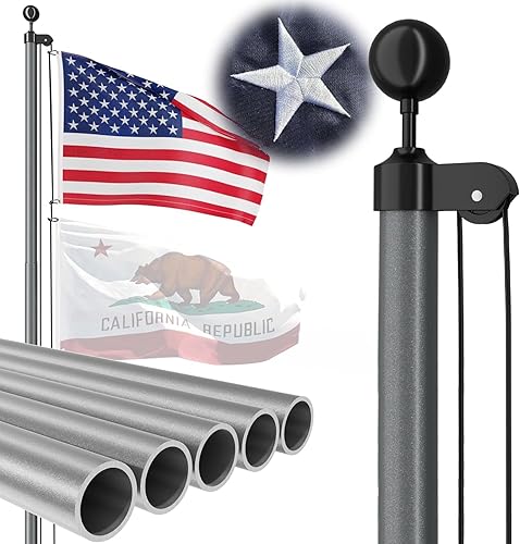 Miniatura 25 de Mástil de bandera resistente, kit de asta de bandera de aluminio extra grueso de calibre 12 de 25 pies para exteriores en el suelo, 100 MPH probado