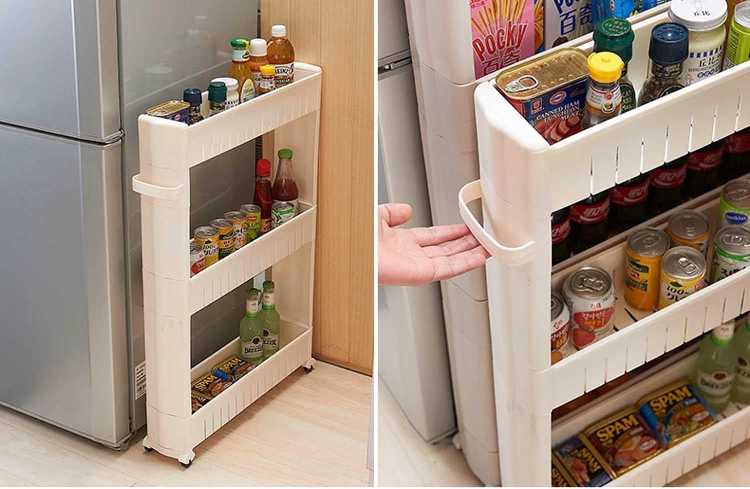 Kitchen Storage Cabinet, Slim Rolling Cart with 4 Wheels and Hook, Plastic Narrow Shelving Unit for Bathroom or Kitchen Organization