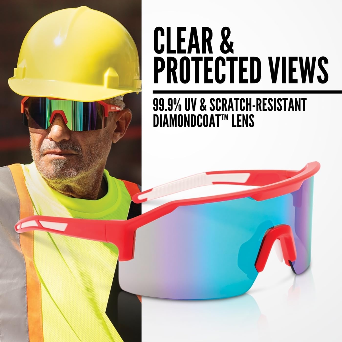 Jackson Safety Maxview+ Ballistic-Rated Safety Glasses - ANSI Z87.1 Wraparound Anti-Scratch Eye Protection for Men & Women - Red Frame with Green Mirror Lens - Pack of 1