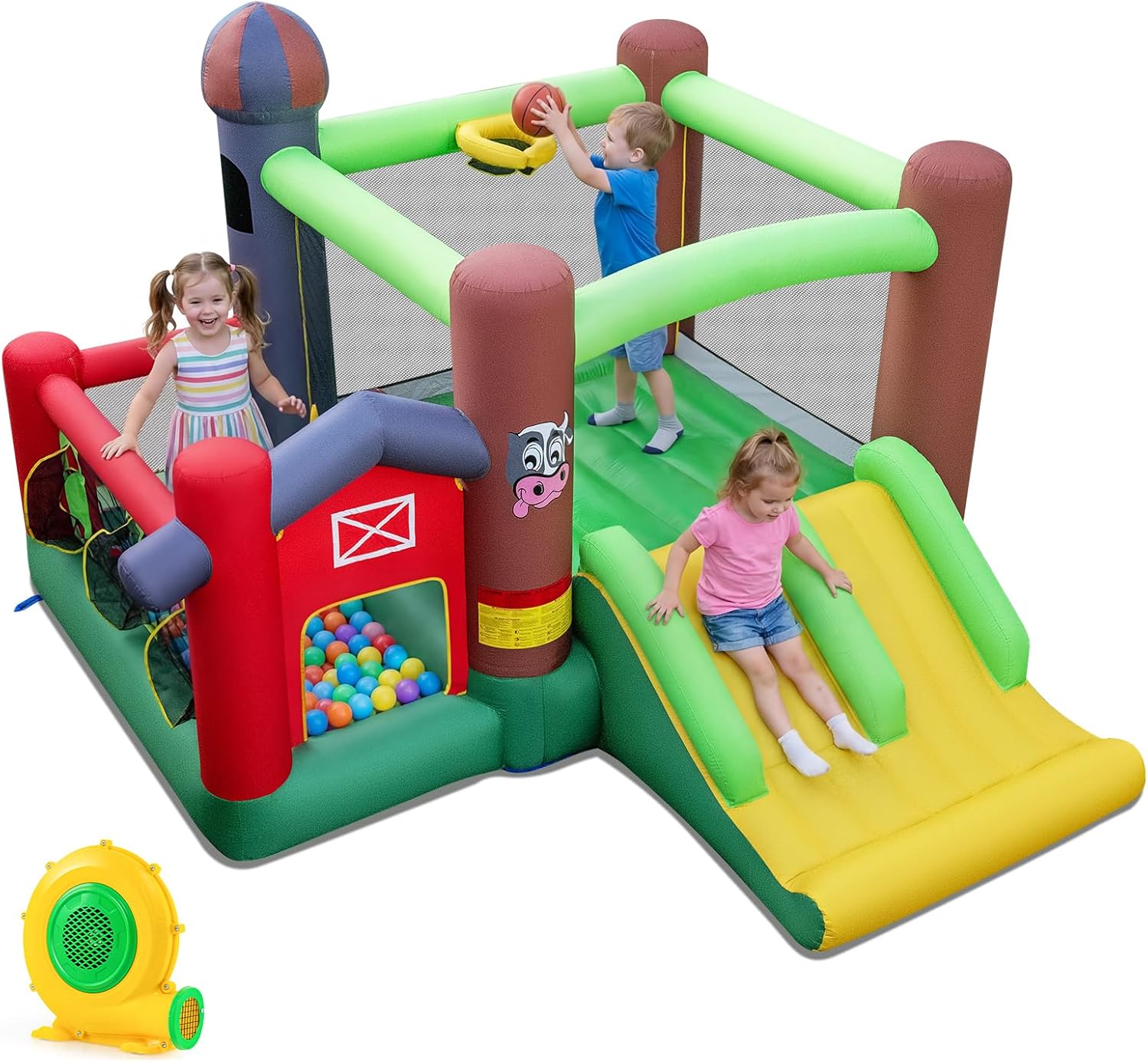 HONEY JOY Inflatable Bounce House, Farm Themed Bouncy House for Kids Indoor Outdoor, Double Slides, Ground Stakes, Toddler Bounce House for Backyard(with 735w Blower)