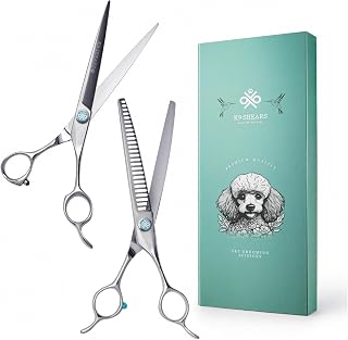 17.8cm(7인치) 강아지 그루밍 가위 세트 - 직선 및 70% 얇은 가위, VG10 일본 스틸 전문 반려동물 그루밍 가위, 개 및 고양이용 면도날처럼 날카로운 정밀도, 경량 인체 공학적 디자인 | K9 Shears