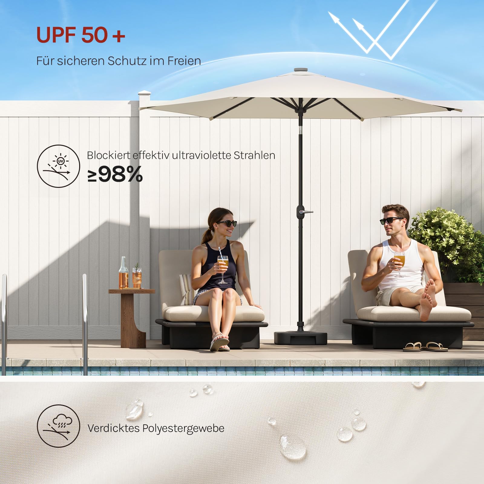 WOLTU Sonnenschirm 300 cm mit Led-Solar-Beleuchtung, UV-Schutz 50+, Gartensonnenschirm neigbar, mit Schutzhülle Kurbel, für Balkon Garten Terrasse, Beige
