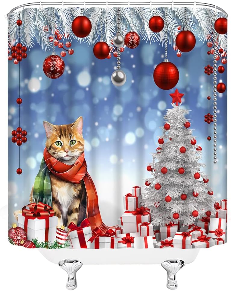 Merry Christmas Shower Curtain Cute Cat Kitty Kitten Colorful Christmas Tree Red Xmas Balls Funny Animal Winter Holiday 70x96(WxH) Inches Bathroom Decor Fabric Curtain with Hooks