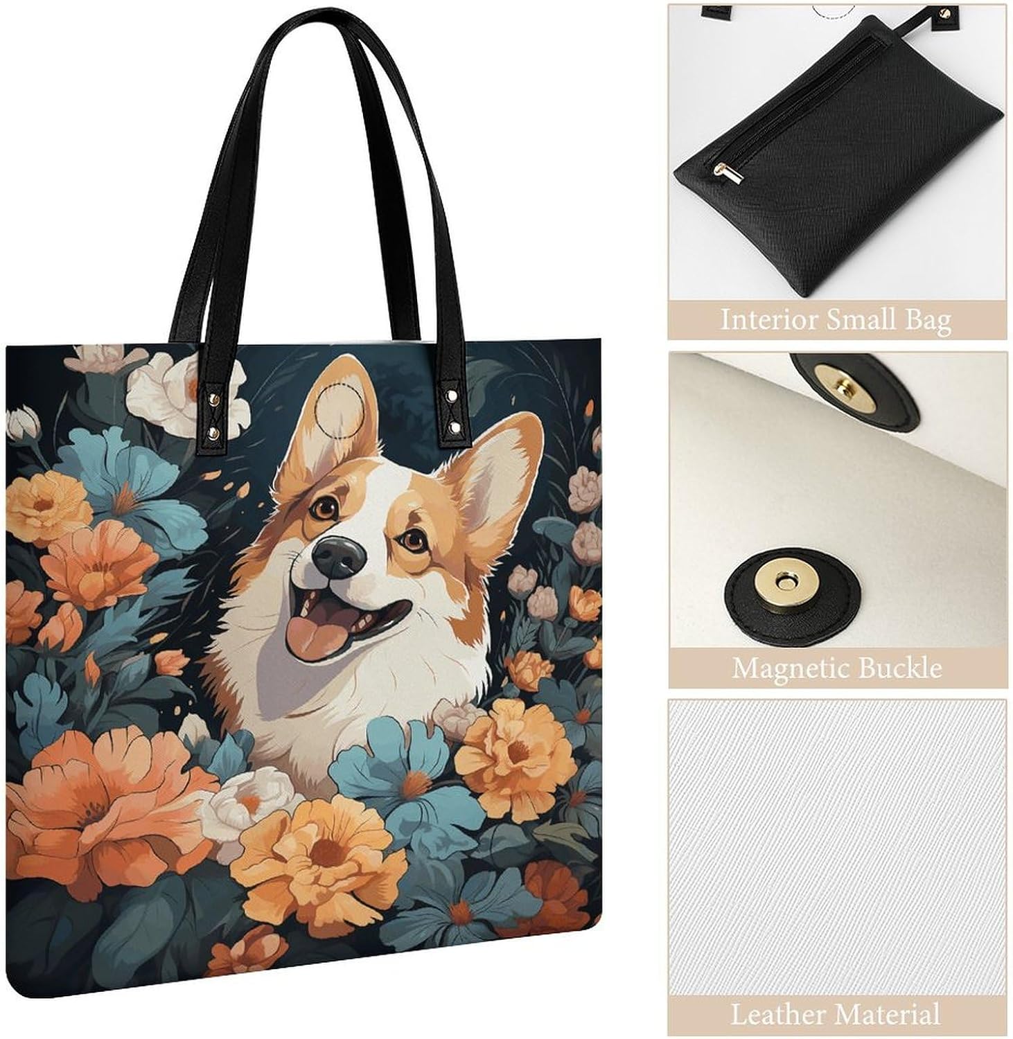 Corgi Pattern Tote Bag with Magnetic Buckle Reusable Grocery Bags Lightweight Cross Body Handbag for Daily Essentials