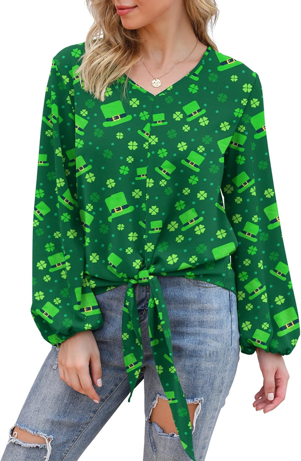 VIISHOW Womens Tie Front Knot Lartern Sleeve Loose Fit V Neck Floral Blouses Chiffon Tops Shirts
