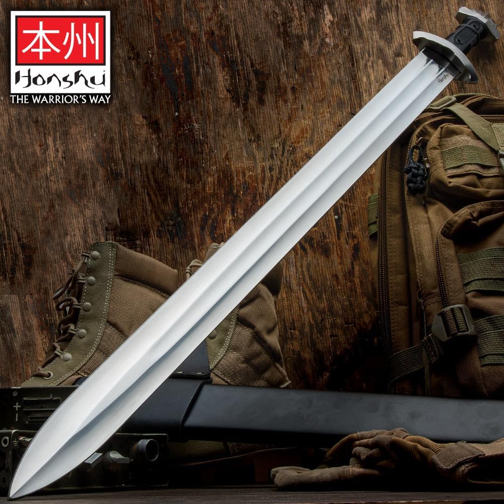 Honshu Viking Sword with Scabbard | 4MM Thick 1060 Carbon Steel Blade | Black Thermoplastic Rubber Handle | Tactical Update of Classic Viking Craftmasnhsip | 38 ½" Overall Length