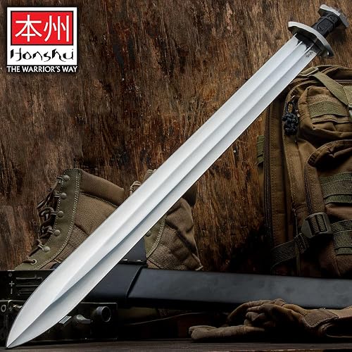 Miniatura 6 de Honshu Espada vikinga con vaina  Hoja de acero al carbono 1060 de 0.157 in de grosor  Mango de goma termoplástica negra  Actualización táctica de la