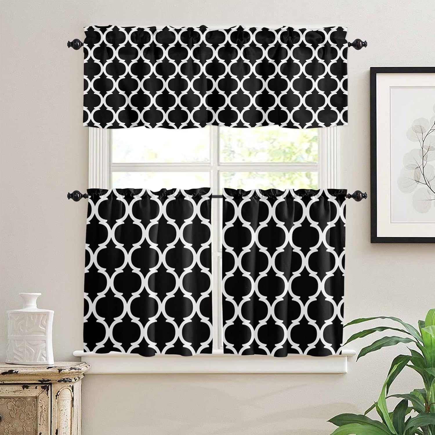 3 Pieces Kitchen Curtains & Valances Set, Moroccan Geometric Pattern, Short Curtain Rod Pocket Window Curtain, Black White, Window Treatment Tiers Valances (Single Panel 54"x18",2 Tiers 27.5"x24")