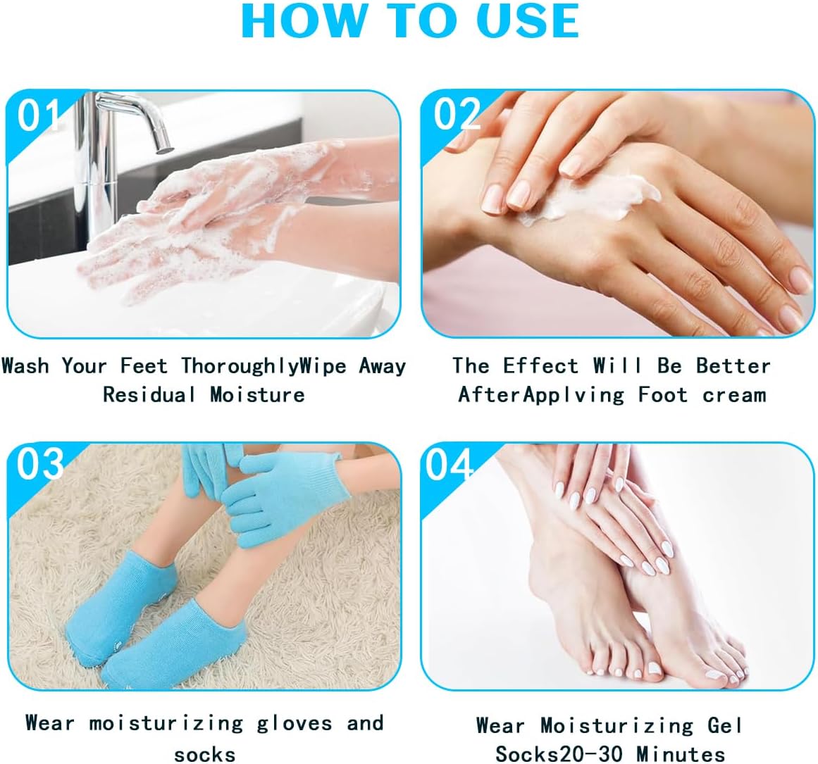 Moisturizing Gloves Socks Set, Infused with Gel Hydrotherapy, Gel Softens and Soothes Dry Cracked Skin, Suitable for Repairing Dry Skin, Cracked Hands and Feet, Rough Skin (Blue)