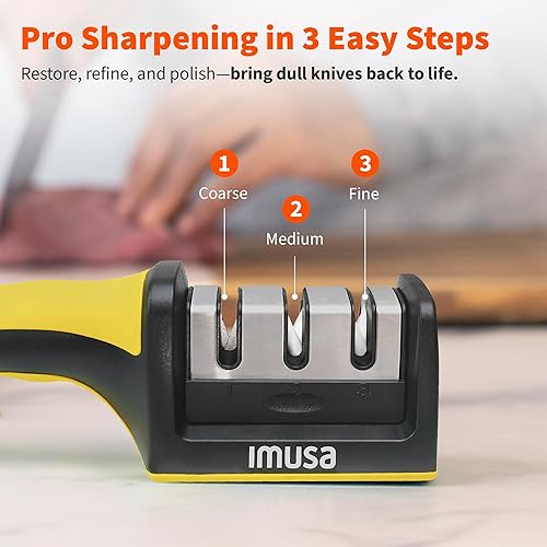 Miniatura 4 de IMUSA - Afilador de cuchillos de cocina con diseño de afilador de cuchillas de acero inoxidable de 3 etapas, fácil de usar, kit ergonómico de