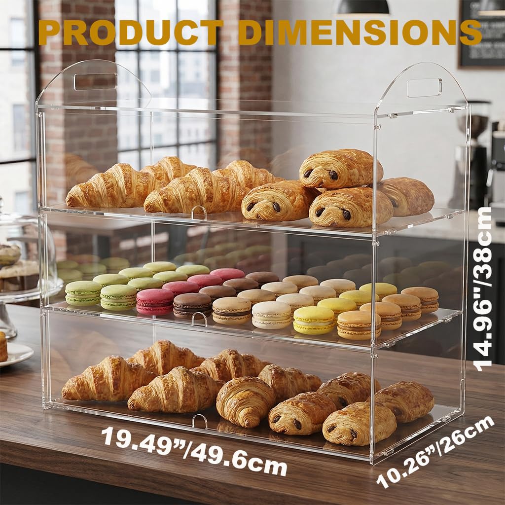 Vetrina commerciale a 3 livelli con manico, 49,5 x 38 x 26 cm, vetrina per pasticceria da banco per pane, dessert, biscotti