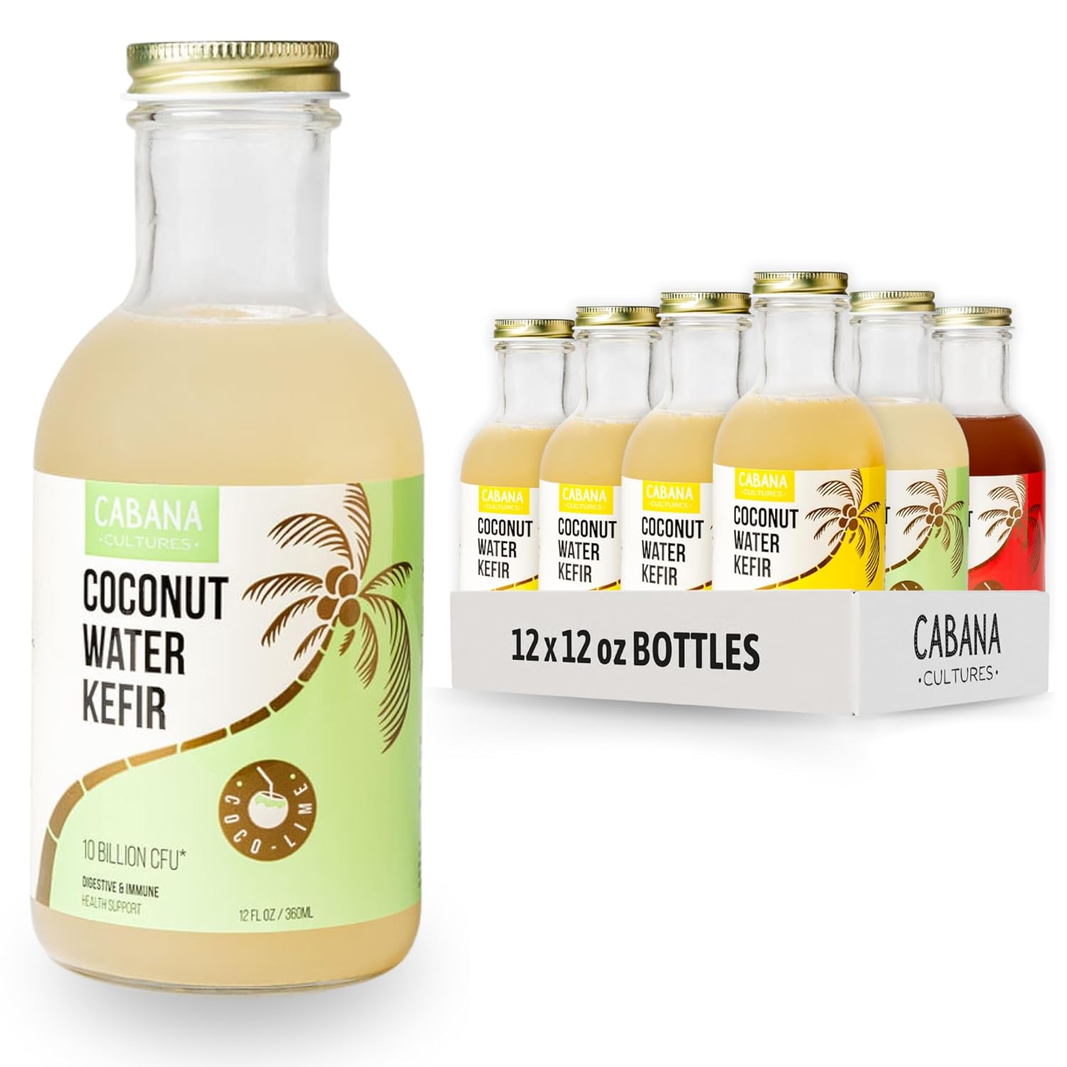 Cabana Cultures - Probiotic Coconut Water Kefir, Gut Health & Immunity Support, Hydration & Electrolytes, Vegan, (Variety Pack, 12-Pack)