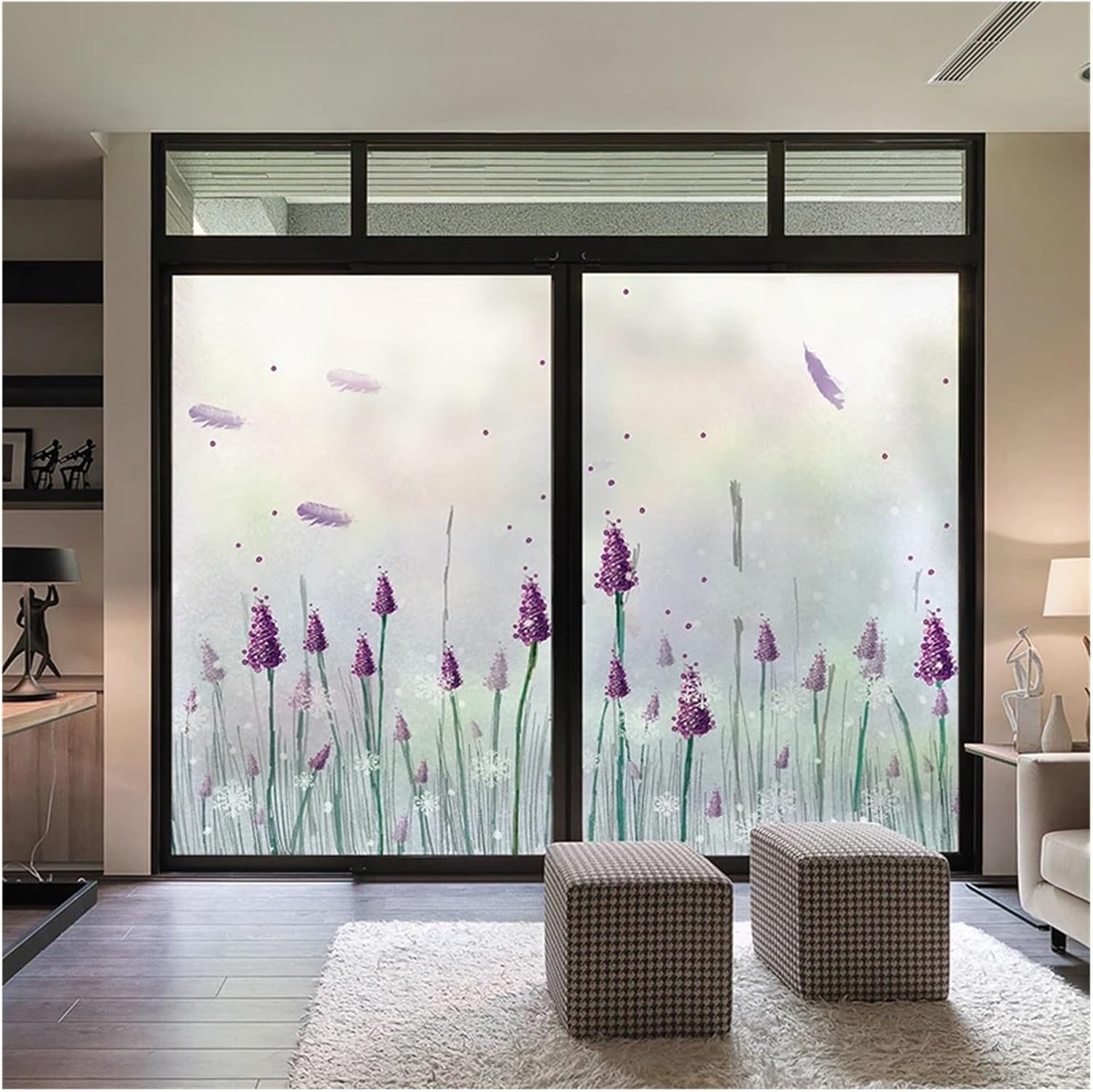 Static Cling Privacy Window Film Dandelion Green Leaf Tulip Flower Style Home Glass Door Decor for Room(Color1,80x200cm)
