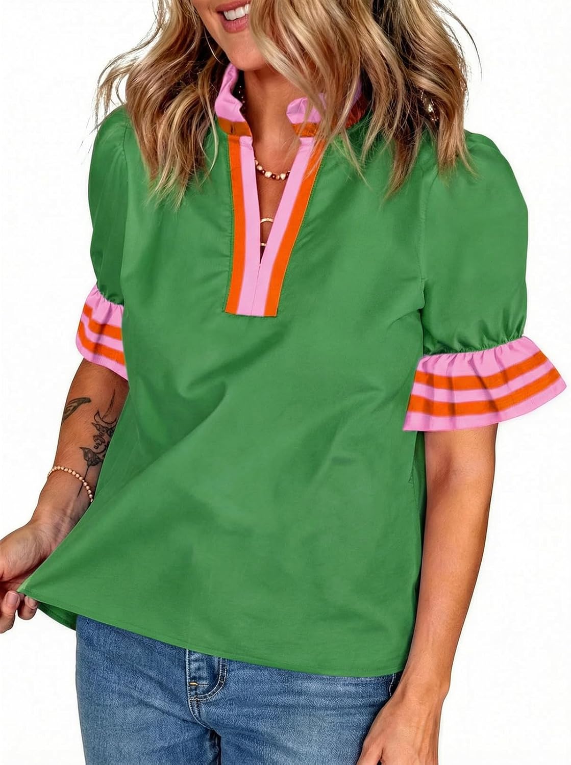 KevaMolly Womens Ruffle Sleeve Blouses Striped Pleated Color Block Collared V Neck Shirts Summer Work Business Casual Tops