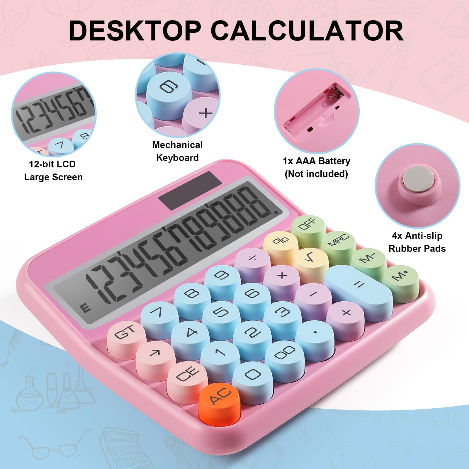 Confezione da 8 calcolatrici meccaniche Macaron con pulsanti grandi, doppia alimentazione solare e batteria, grande display LCD a 12 cifre, calcolatrici da tavolo per studenti, insegnanti, ufficio e