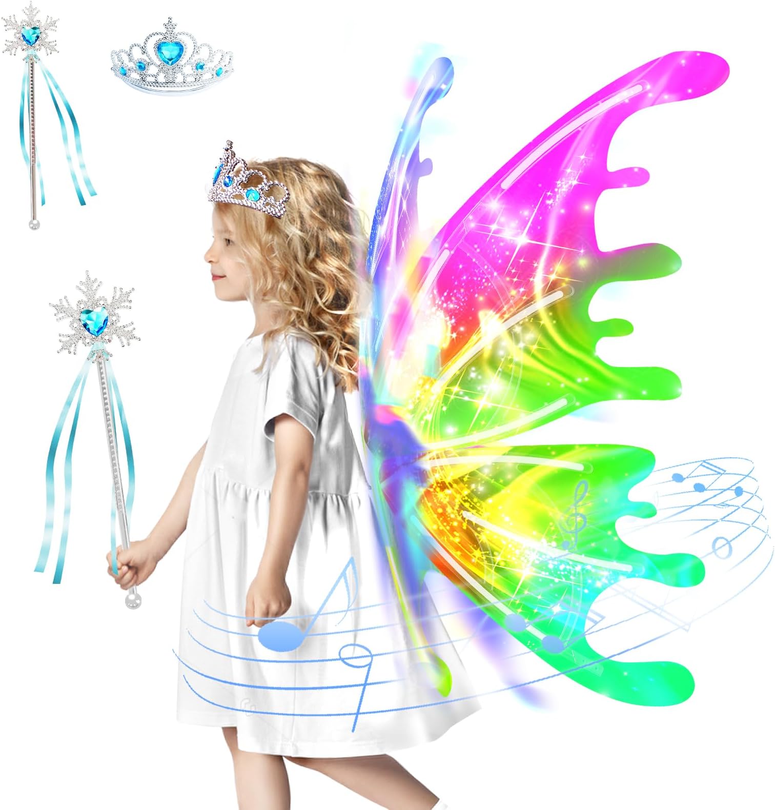 Electric Light Up Butterfly Wings Moving with Music - Princess Costume Crown Wand Dress Up, Princess Toys for Kids Ages 3-6 5-7 as Halloween Valentine Birthday Christmas Party Gifts