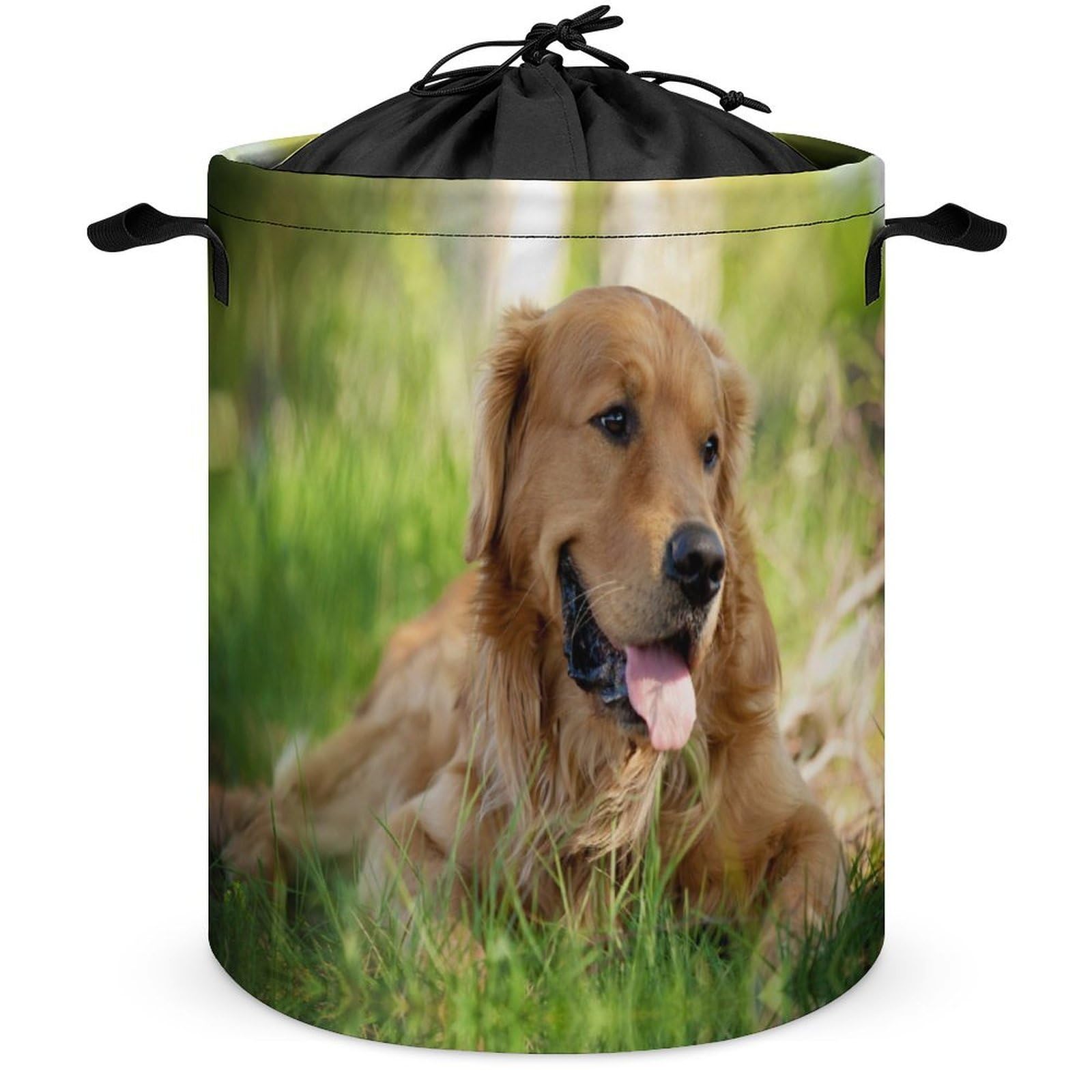 Wlntrophic Drawstring Laundry Hamper, Dog Golden Retriever Laundry Basket, Washing Basket with Handle