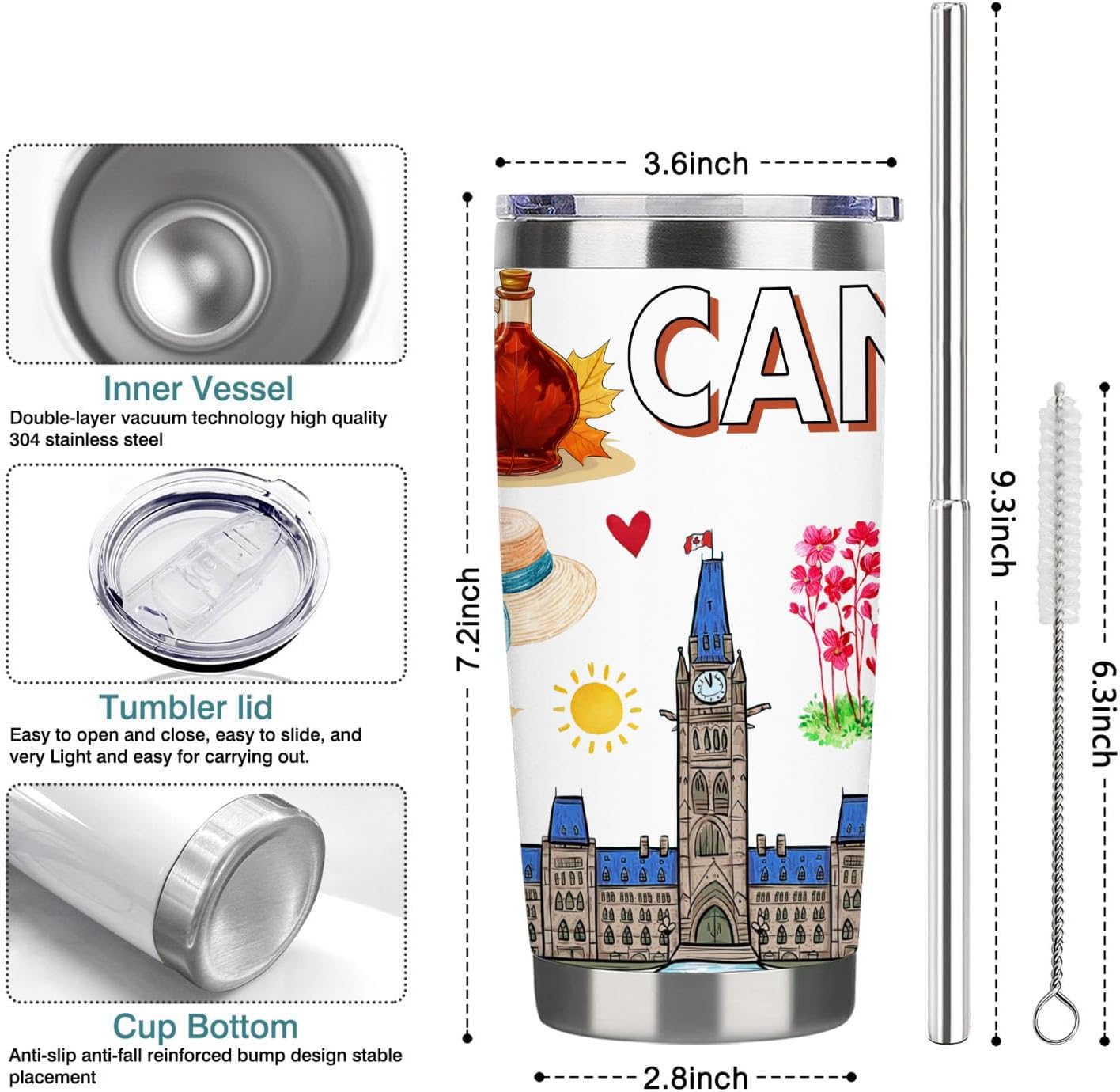 Country Travel Mug for Country Lover,20oz Double Wall Tumbler Vacuum Insulated Stainless Steel Coffee Cups (Canada) - Image 5