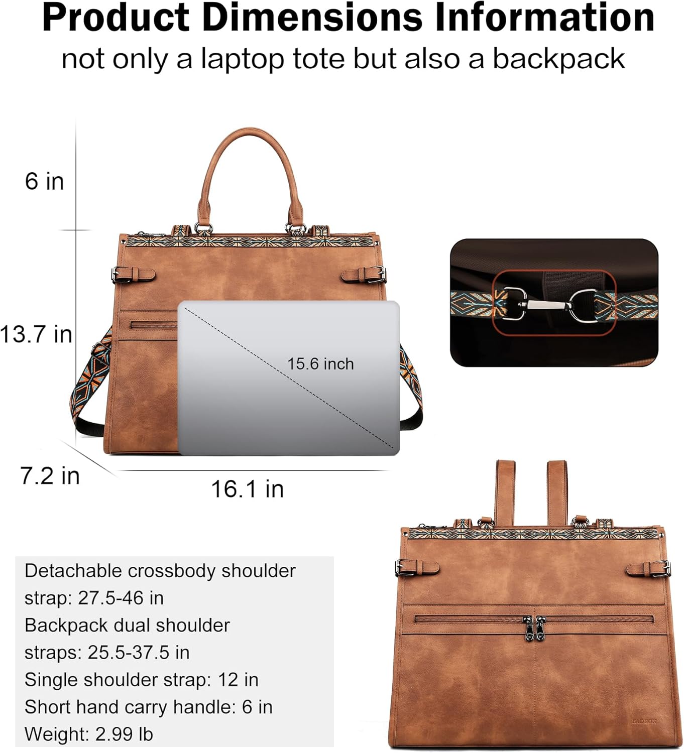 FADEON Laptop Bag for Women Designer PU Leather Large Tote Bags Backpack Purses with 15.6 Laptop Compartment Shoulder Handbag - Image 4