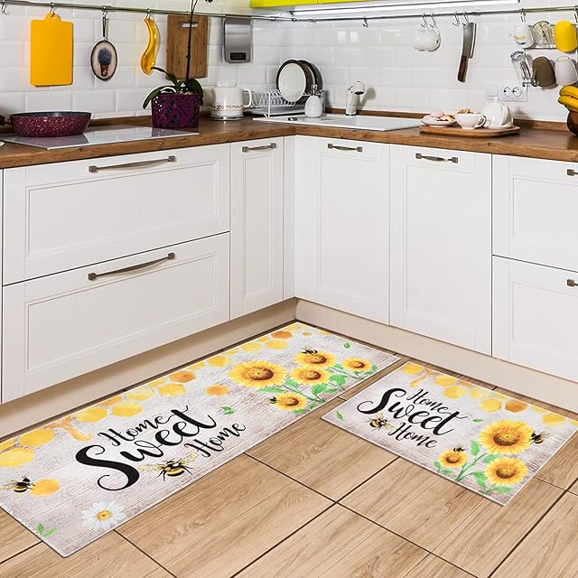 Sunflower Kitchen Rugs - 2 Piece Kitchen Mats Set Non-Slip Kitchen Backing Area Rugs Home Sweet Home Doormat Indoor Outdoor Entry Floor Washable Waterproof Standing Mat44 x 120 cm + 44 x 75 cm