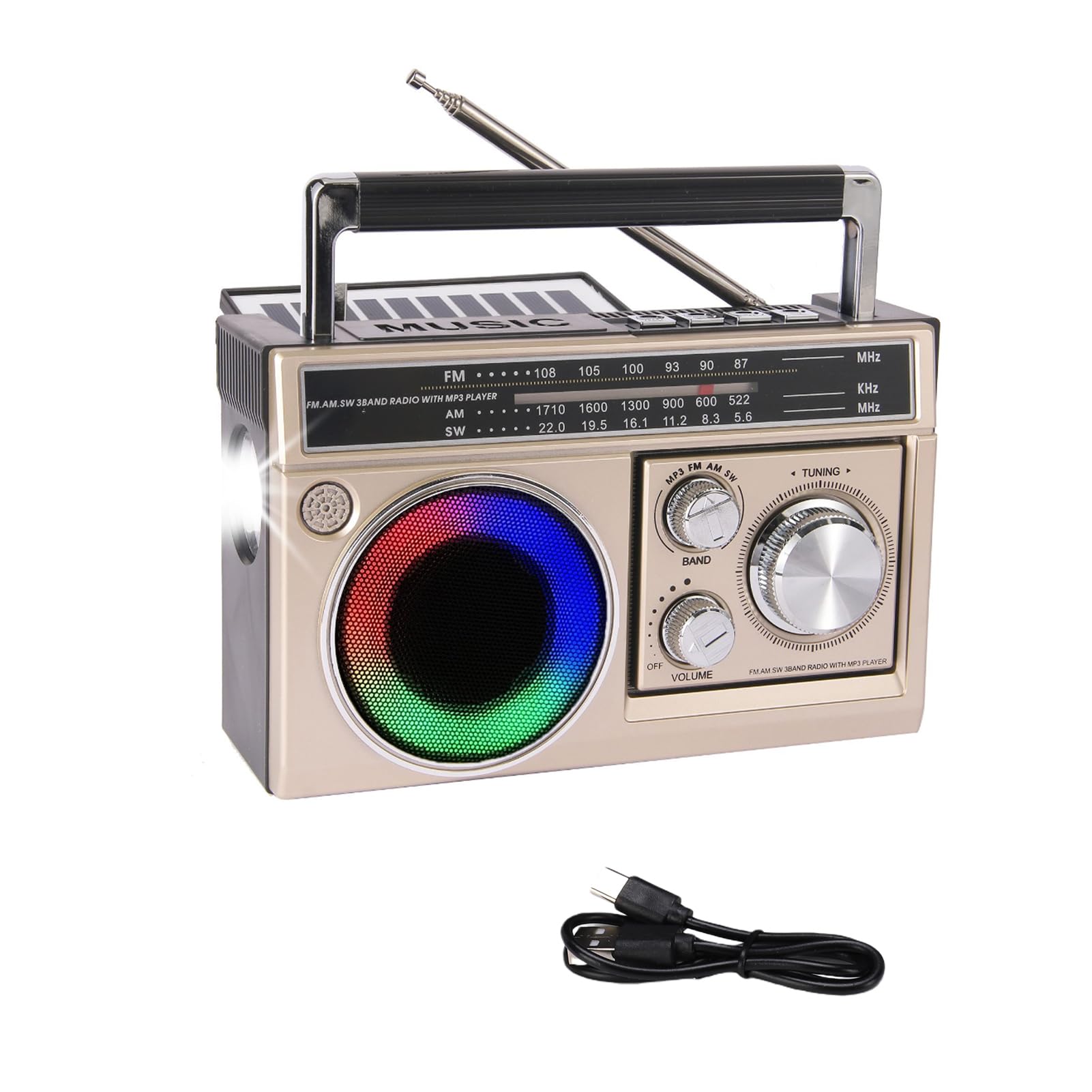 Haut-Parleur Radio BT Portable, Lampe de Poche LED Stéréo 5 W, Radio Extérieure FM AM SW avec Véritable Stéréo sans Fil pour la Maison, Le Camping, Les Voyages (Gold)