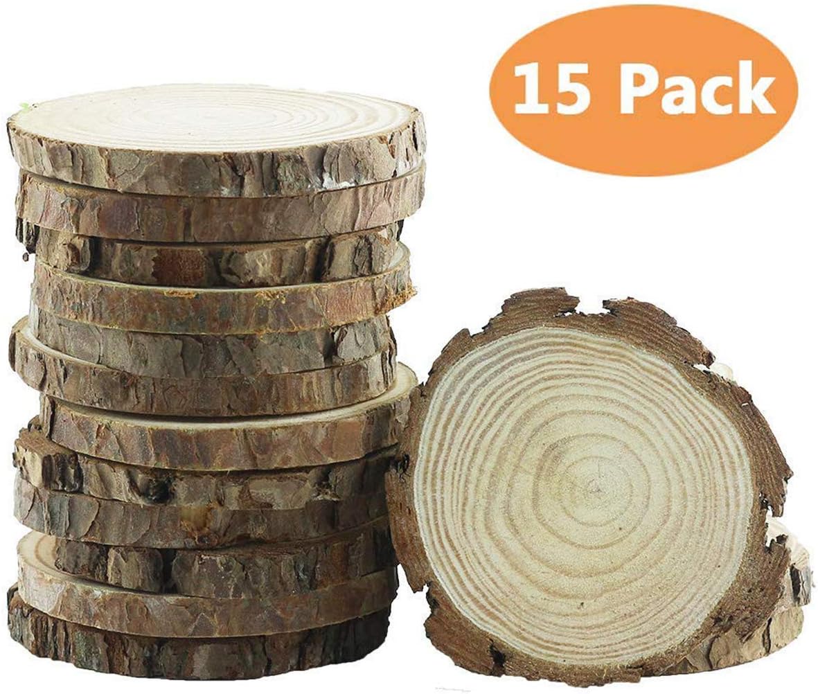 Yexpress 15pcs 3.5"-4" Inch Unfinished Natural Thick Wood Slices Circles with Tree Bark Log Discs for DIY Craft Christmas Rustic Wedding Ornaments