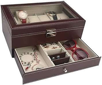 Double-Layer Watch Box Leather Sunglasses and Sunglasses Storage Box Multifunctional Jewelry Jewelry Display Case with Lock,Brown,302013cm
