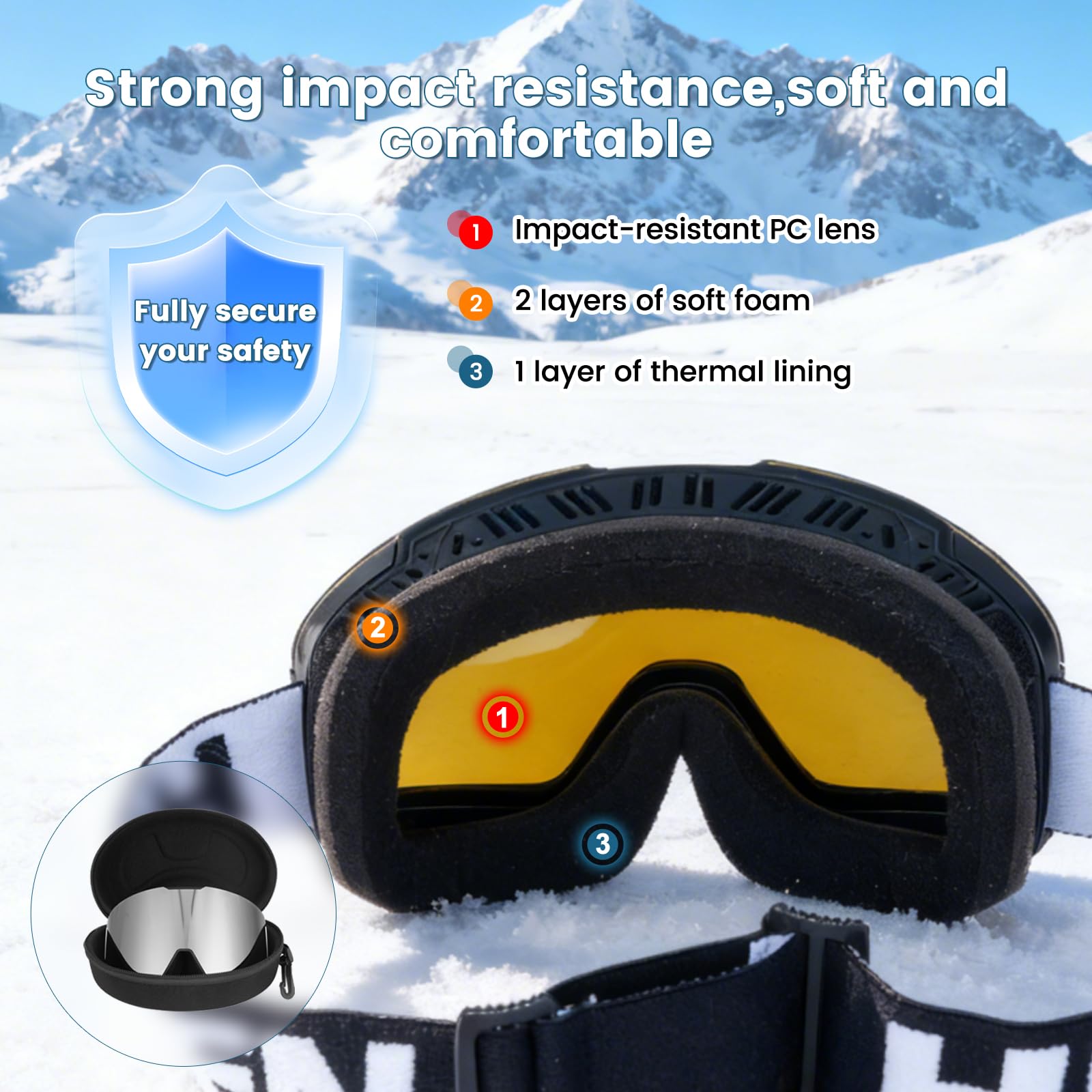 Hikeen Lunettes de ski photochromiques anti-buée, protection UV avec rembourrage 3 couches pour homme et femme avec étui de rangement
