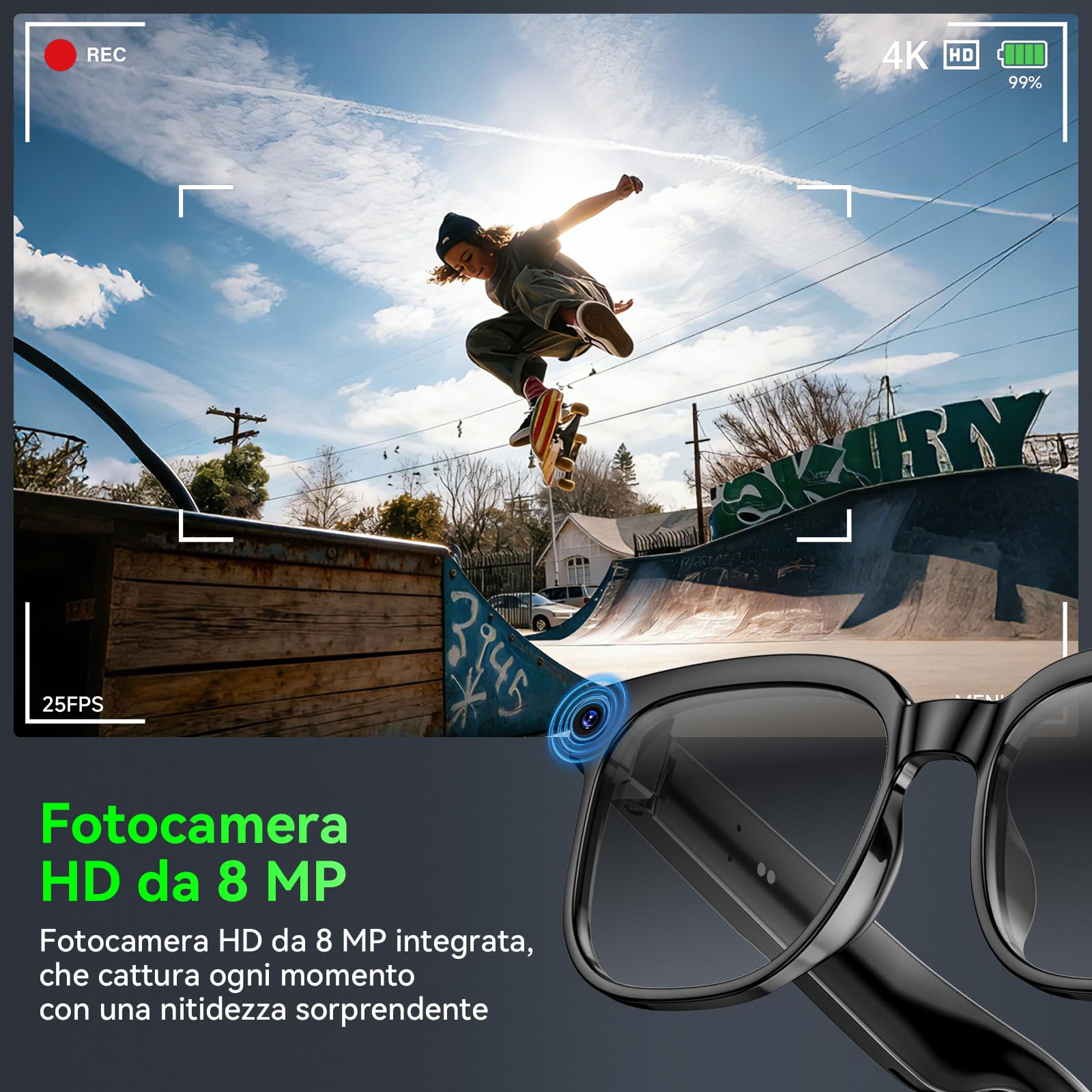 Hwagol Occhiali Smart con Fotocamera 8MP,Smart Glasses AI,Occhiali Intelligenti con Fotografia/Registrazione/Chiamate Intelligenti/Musicale/Traduzione/Riconoscimento Immagini, Lenti Fotocromatiche