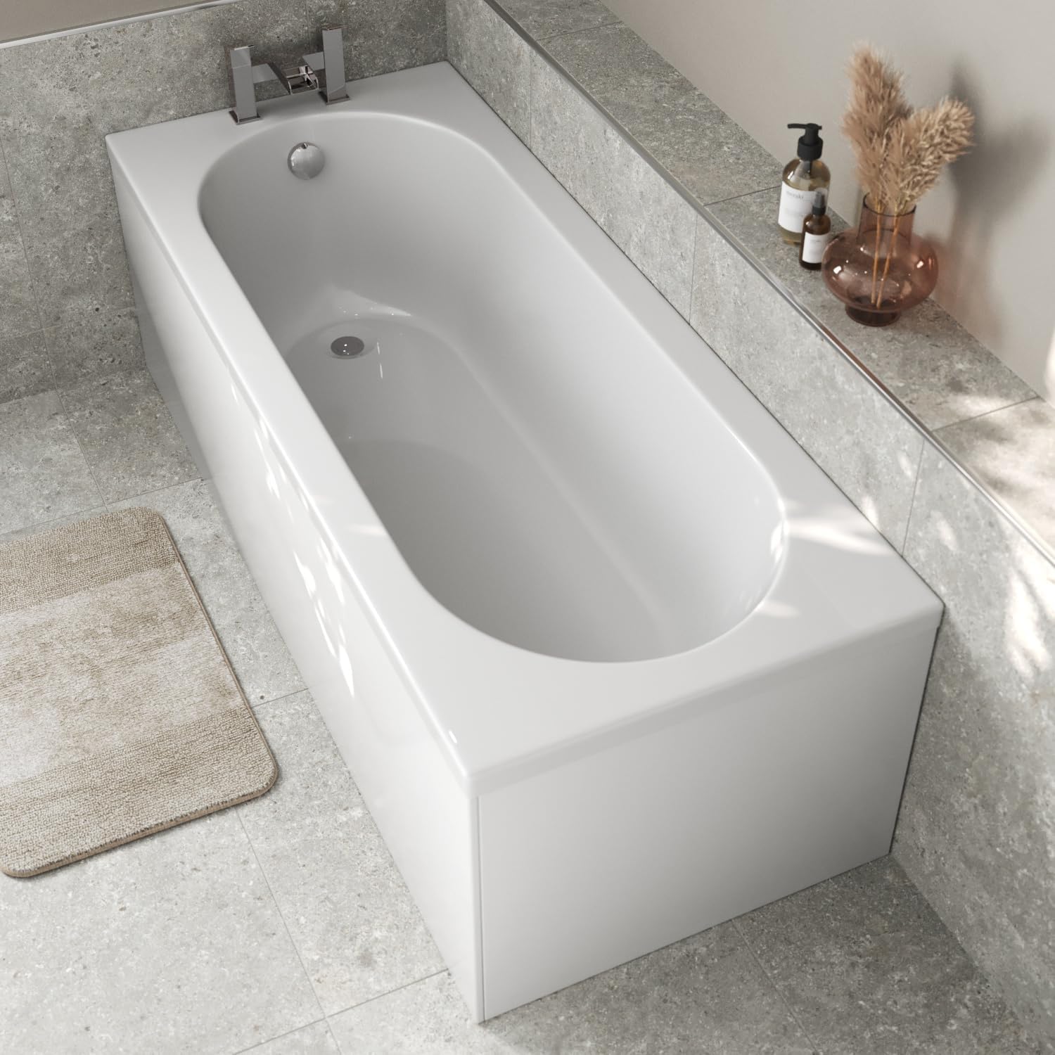 1800 x 750mm Single Ended Straight Bath White Gloss Soaking Bathttub, Acrylic Baths for Bathrooms, Straight Curved, Adjustable Feet, Side Panel Included