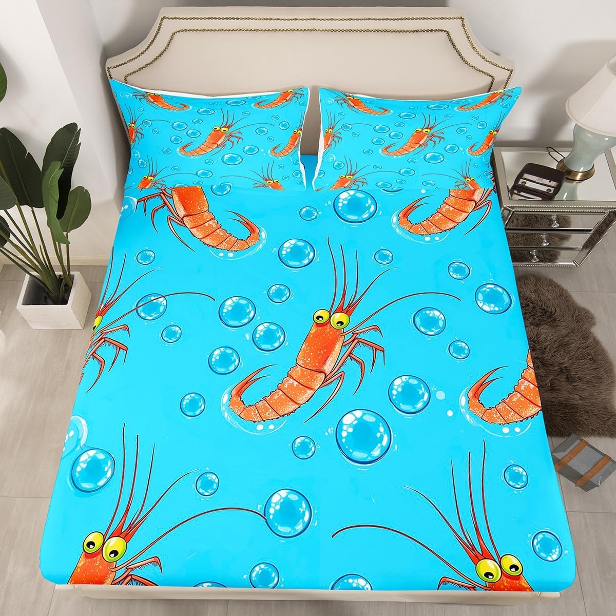 Lobster Fitted Sheet Cartoon Sealife Bed Sheets Full,3D Cute Lobster Sheets Ocean Nautical Bedding Wildlife for Cute Bedroom Decor,Blue Red
